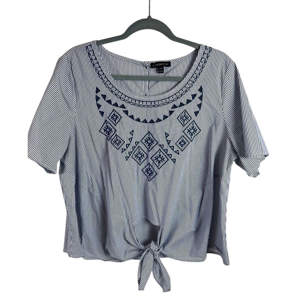 Lane Bryant Blue White Stripe Top Size‎ 14/16 Embroidered Tie Waist Short Sleeve